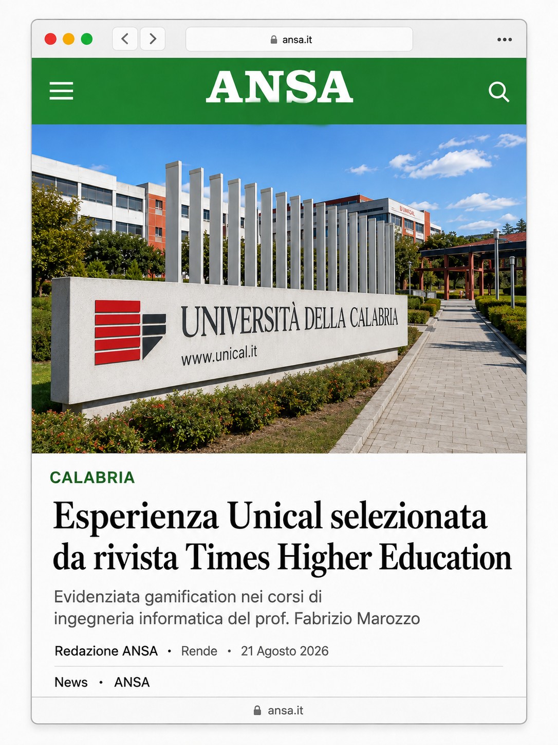 Esperienza Unical selezionata da rivista Times Higher Education